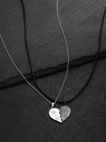 2 pièces à la mode et populaires Collier pendentif cœur détail main en acier inoxydable pour homme, cadeau de bijoux et look élégant pour la Saint-Valentin, maman, Fête des Mères - Noir et Blanc - Voir 2