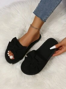 Bow Decor Bedroom Slippers - Black - View 1