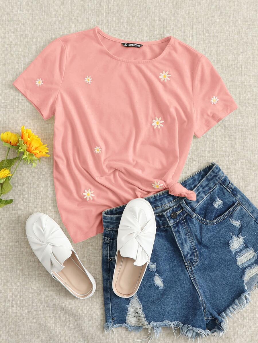 SHEIN EZwear Floral Embroidered Short Sleeve Tee - Baby Pink - View 1