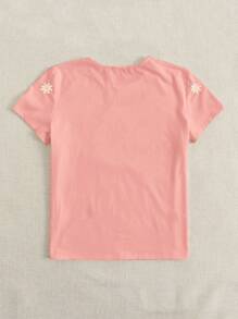 SHEIN EZwear Floral Embroidered Short Sleeve Tee - Baby Pink - View 2