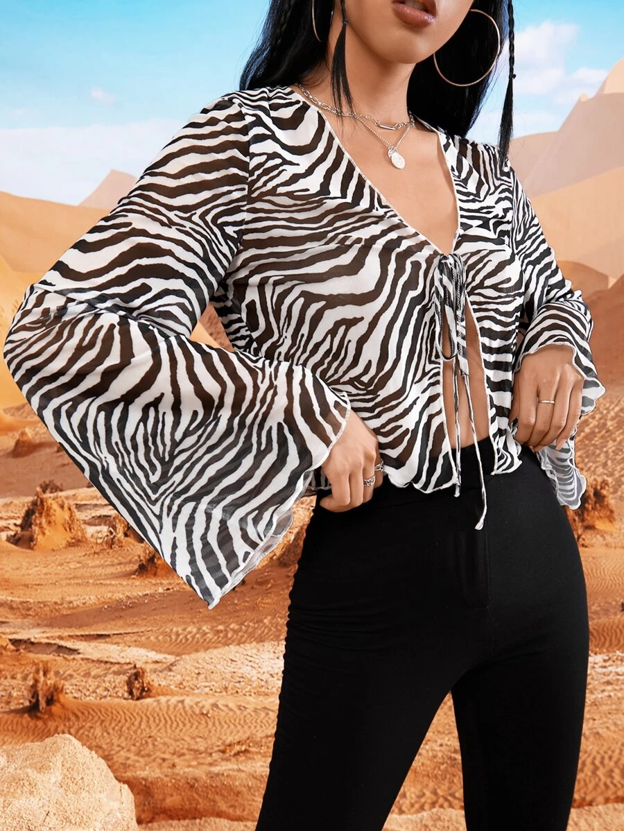 Western Zebra Striped Print Knot Front Bell Sleeve Crop Top - Black and White - View 1