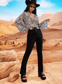 Western Zebra Striped Print Knot Front Bell Sleeve Crop Top - Black and White - View 6