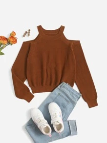 SHEIN Teen Girls Cold Shoulder Jumper - Rust Brown - View 1