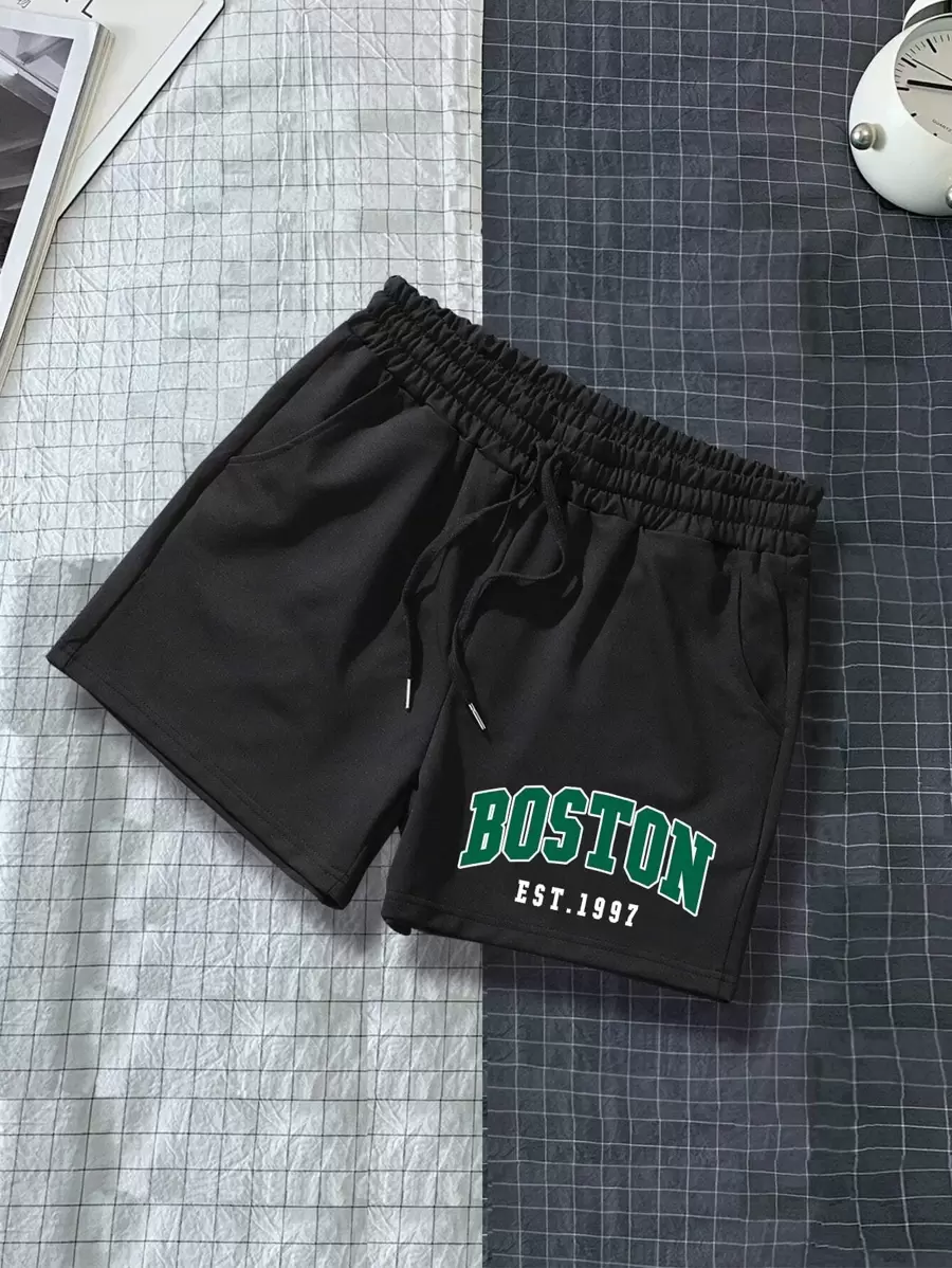 Manfinity EZcore Pantalones cortos con cordón y gráfico de letras para hombres - Negro - Ver 1