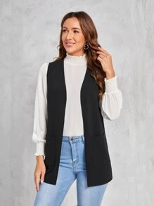 EMERY ROSE Double Pocket Open Front Vest Coat - Black - View 1