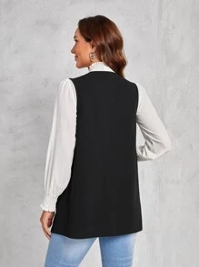 EMERY ROSE Double Pocket Open Front Vest Coat - Black - View 2