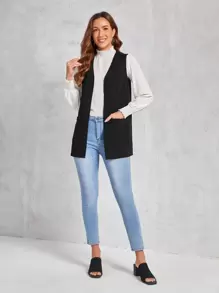 EMERY ROSE Double Pocket Open Front Vest Coat - Black - View 3