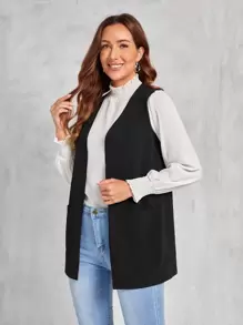 EMERY ROSE Double Pocket Open Front Vest Coat - Black - View 4