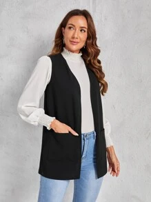 EMERY ROSE Double Pocket Open Front Vest Coat - Black - View 5
