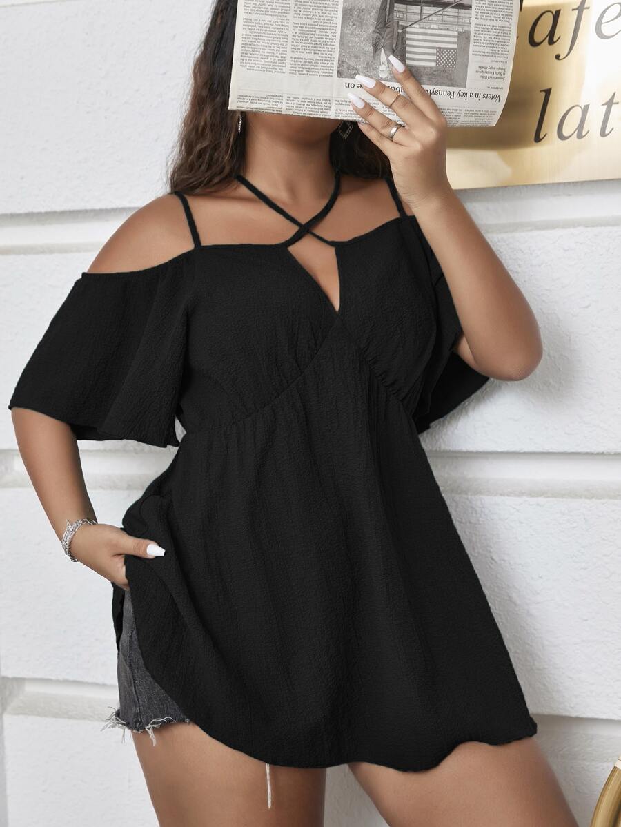 Calvaya Plus Cold Shoulder Tie Back Peplum Blouse Peplum Top - Black - View 1