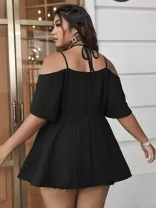 Calvaya Plus Cold Shoulder Tie Back Peplum Blouse Peplum Top - Black - View 2