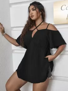 Calvaya Plus Cold Shoulder Tie Back Peplum Blouse Peplum Top - Black - View 3