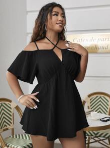 Calvaya Plus Cold Shoulder Tie Back Peplum Blouse Peplum Top - Black - View 5