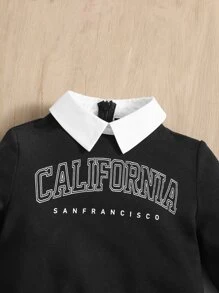 SHEIN Leap Crew Đứa bé gái Cổ áo tương phản Đồ họa Chữ cái Áo nỉ - màu đen - Xem 3