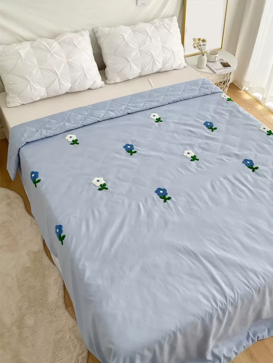 1pc Flower Embroidered Bedspread - Blue - View 1
