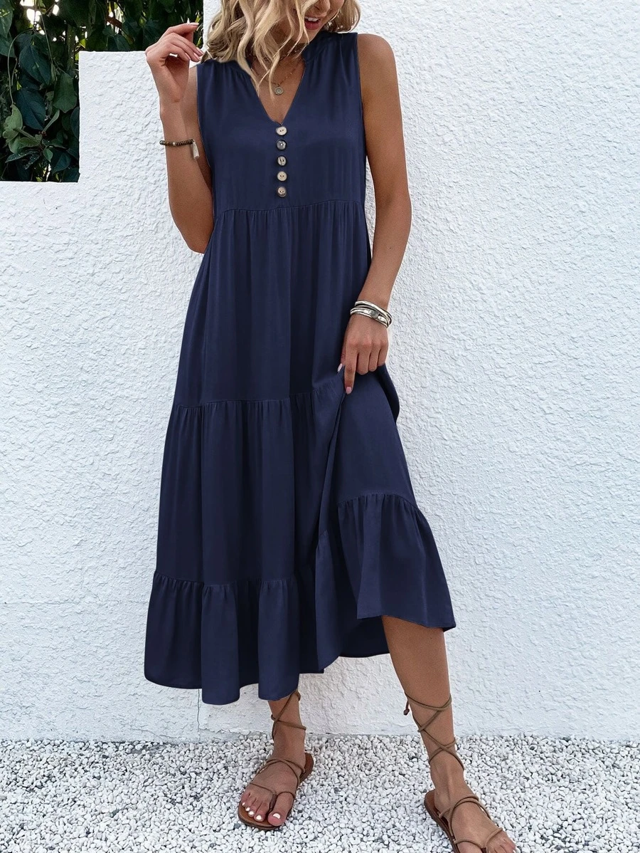 EMERY ROSE Button Detail Ruffle Hem Smock Dress Maxi Women Outfit - Navy Blue - View 1