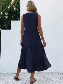 EMERY ROSE Button Detail Ruffle Hem Smock Dress Maxi Women Outfit - Navy Blue - View 2