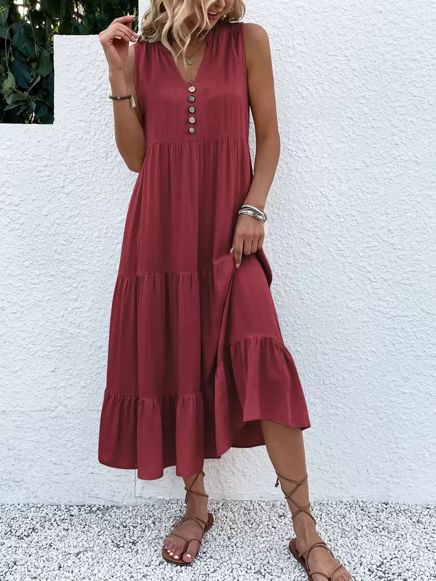Breezaya Button Detail Layered Hem Smock Dress Maxi Vacation Beach Outfits Women - Redwood - View 1
