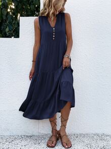 EMERY ROSE Button Detail Ruffle Hem Smock Dress Maxi Women Outfit - Navy Blue - View 4