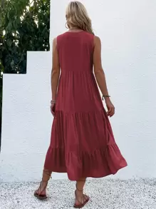 Breezaya Button Detail Layered Hem Smock Dress Maxi Vacation Beach Outfits Women - Redwood - View 2