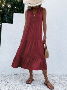 Breezaya Button Detail Layered Hem Smock Dress Maxi Vacation Beach Outfits Women - Redwood - View 5