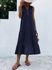 EMERY ROSE Button Detail Ruffle Hem Smock Dress Maxi Women Outfit - Navy Blue - View 6