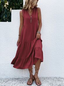 Breezaya Button Detail Layered Hem Smock Dress Maxi Vacation Beach Outfits Women - Redwood - View 6