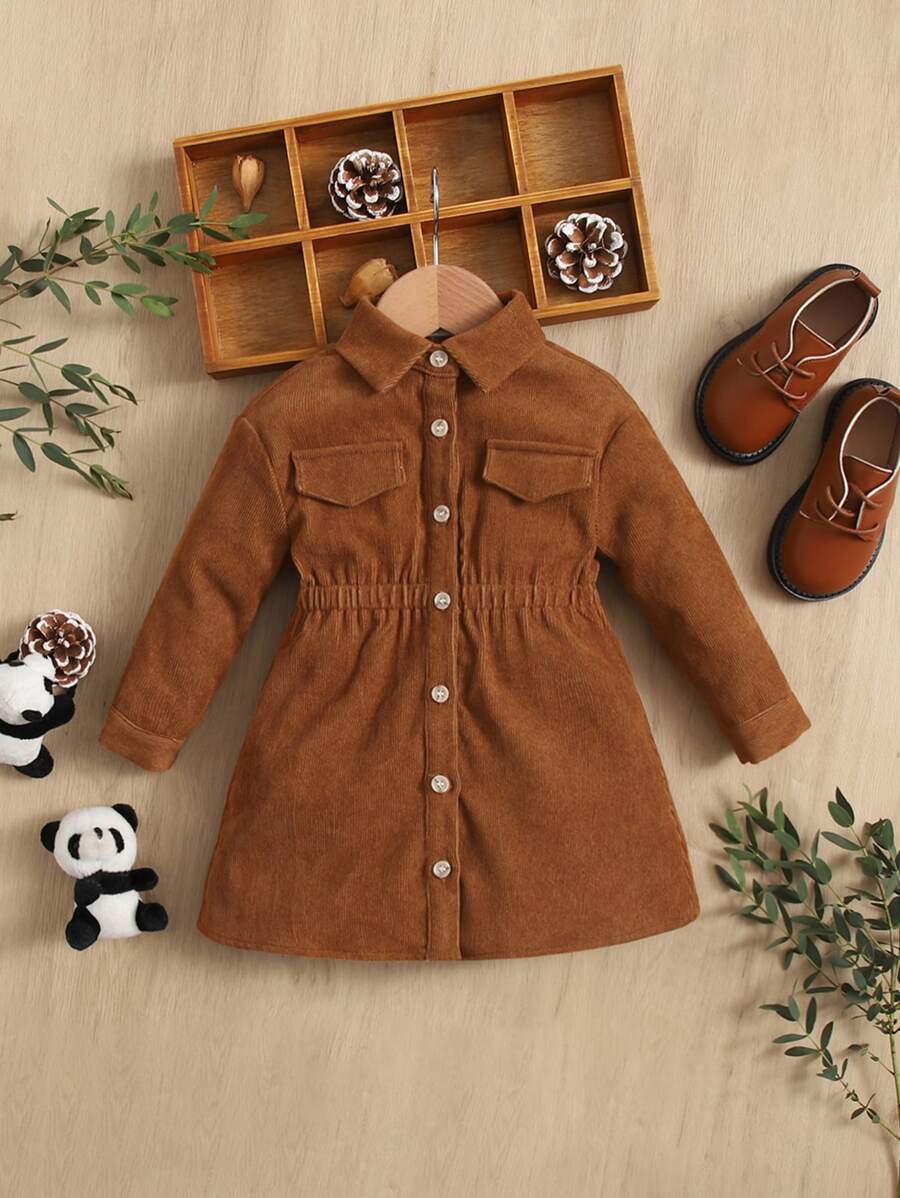 SHEIN Đầm em bé Nút phía trước màu trơn Giải trí - màu nâu - Xem 1