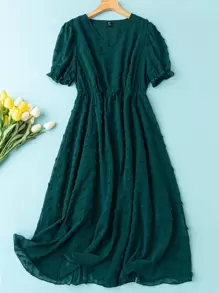 SHEIN LUNE Plus Swiss Dot Flowy Dress - Dark Green - View 1