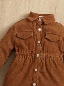 SHEIN Đầm em bé Nút phía trước màu trơn Giải trí - màu nâu - Xem 4