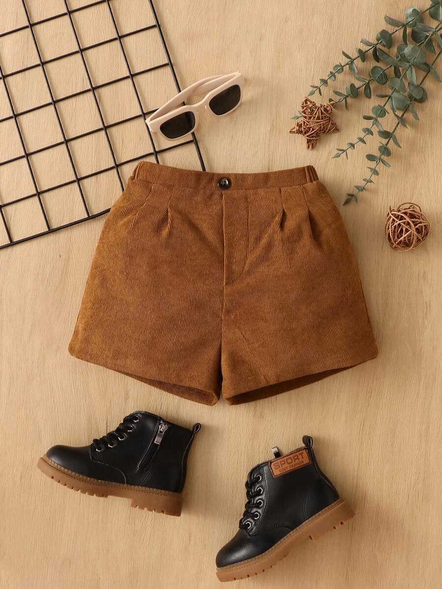 SHEIN 嬰兒女孩褶皺細節,鈕扣細節短褲 - 棕色 - 查看 1