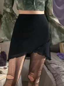 ROMWE Fairycore Solid Tulip Hem Skirt - Black - View 1