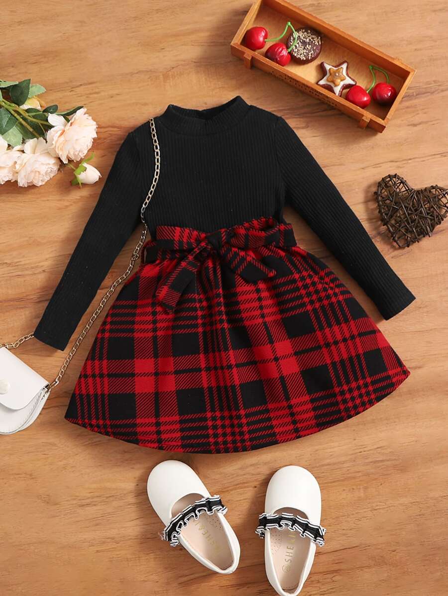 SHEIN Baby Girl Plaid Print Belted Dress - Multicolor - View 1