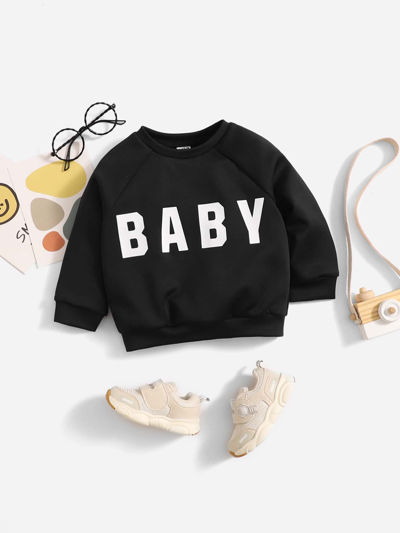 SHEIN Baby Letter Graphic Raglan Sleeve Sweatshirt - Black - View 1