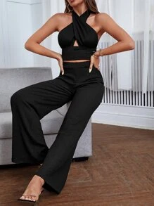 SHEIN Privé Bộ đồ hai mảnh nữ Lộ Lưng Cắt ra Buộc lại Trọn gói màu trơn Gợi cảm - màu đen - Xem 4