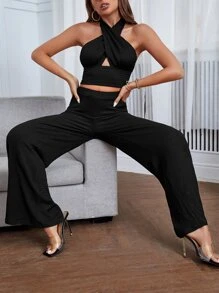 SHEIN Privé Bộ đồ hai mảnh nữ Lộ Lưng Cắt ra Buộc lại Trọn gói màu trơn Gợi cảm - màu đen - Xem 5