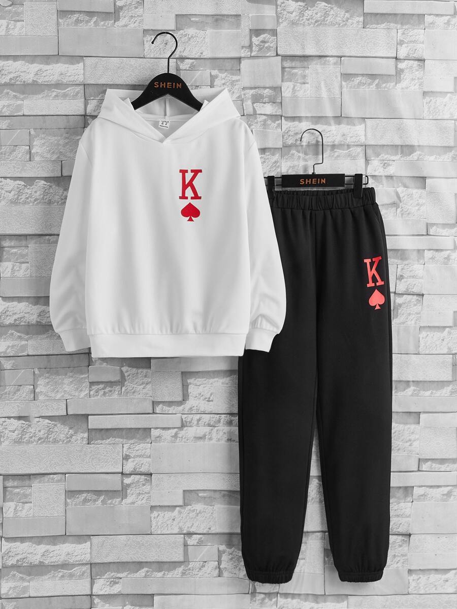 SHEIN Boys Playing Card Print Hoodie & Sweatpants - Black and White - View 1
