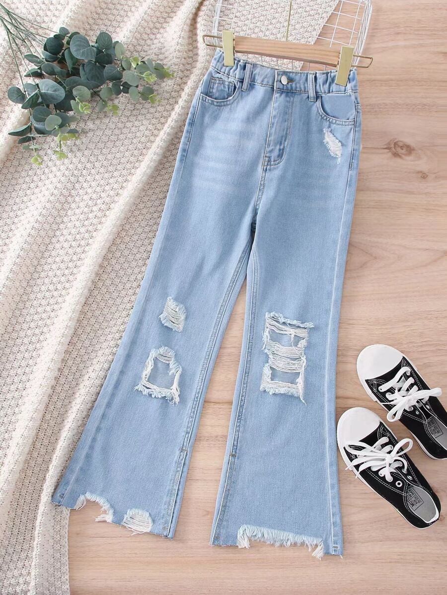 Bé Gái Quần Jeans Túi Hem thô Bị tách màu trơn - Rửa nhẹ - Xem 1