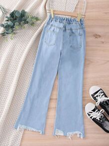 Bé Gái Quần Jeans Túi Hem thô Bị tách màu trơn - Rửa nhẹ - Xem 2