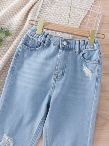 Bé Gái Quần Jeans Túi Hem thô Bị tách màu trơn - Rửa nhẹ - Xem 3