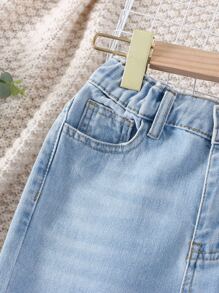Bé Gái Quần Jeans Túi Hem thô Bị tách màu trơn - Rửa nhẹ - Xem 4