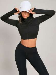 Thumbholes Zip Up Crop Sports Jacket - Black - View 1