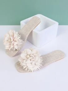 Dép đế bằng ngoài trời thanh lịch dành cho nữ, Xăng-đan trượt bằng vải lanh trơn trang trí hoa & ngọc trai - Màu be - Xem 2