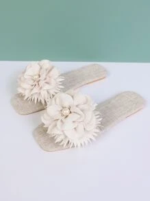 Dép đế bằng ngoài trời thanh lịch dành cho nữ, Xăng-đan trượt bằng vải lanh trơn trang trí hoa & ngọc trai - Màu be - Xem 3