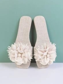 Dép đế bằng ngoài trời thanh lịch dành cho nữ, Xăng-đan trượt bằng vải lanh trơn trang trí hoa & ngọc trai - Màu be - Xem 4