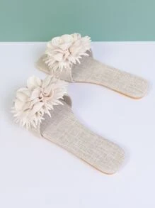 Dép đế bằng ngoài trời thanh lịch dành cho nữ, Xăng-đan trượt bằng vải lanh trơn trang trí hoa & ngọc trai - Màu be - Xem 6