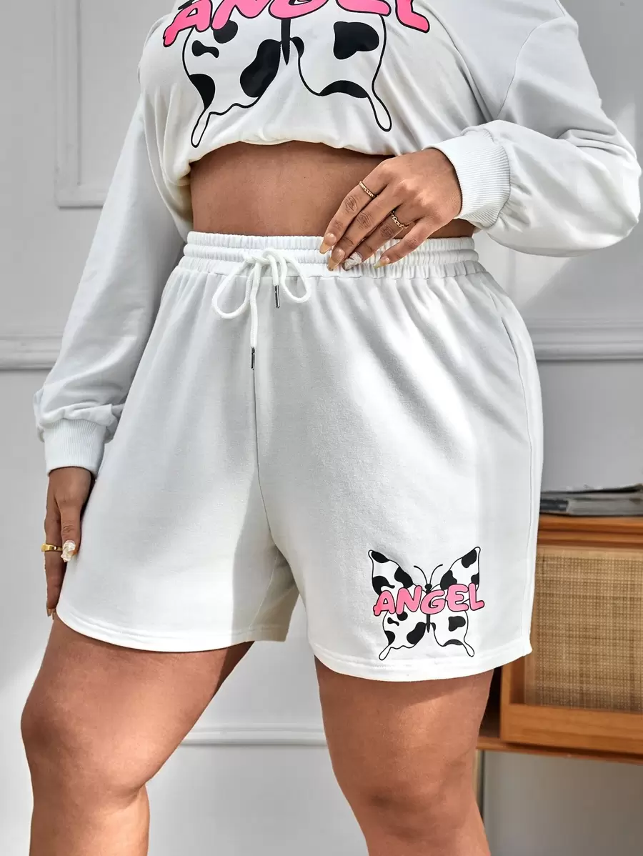 SHEIN Qutie Quần Short kích thước lớn Dây kéo Lá thư Loại bướm Giải trí - trắng - Xem 1