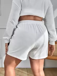 SHEIN Qutie Quần Short kích thước lớn Dây kéo Lá thư Loại bướm Giải trí - trắng - Xem 2