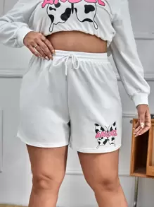 SHEIN Qutie Quần Short kích thước lớn Dây kéo Lá thư Loại bướm Giải trí - trắng - Xem 3