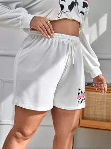 SHEIN Qutie Quần Short kích thước lớn Dây kéo Lá thư Loại bướm Giải trí - trắng - Xem 5